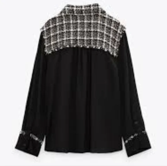 Zara Black Blouse with Tweed Trim - Picture 4 of 9